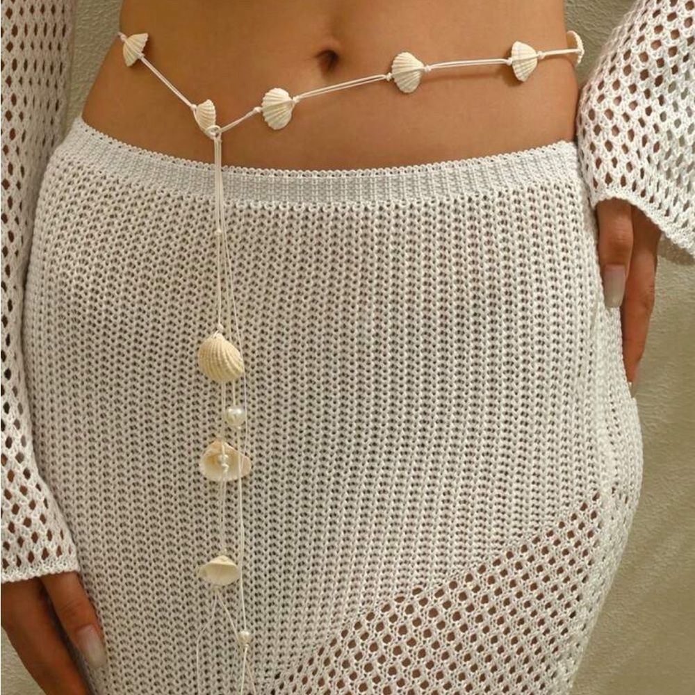 White Crochet Skirt with Shell Belt R243